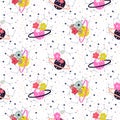 Planet kids hand drawn seamless pattern. Doodle childish cosmic floral background.