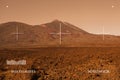 Planet landscape through viewfinder of Mars rover. Cosmic scene with desert, stone, sand and red martian heaven background Royalty Free Stock Photo