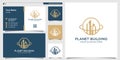 Planet logo with building line art style and business card design template Premium Vector Royalty Free Stock Photo