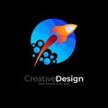 Planet logo and rocket design combination, colorful icons Royalty Free Stock Photo