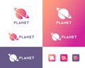 Planet logo. Saturn planet emblem. Sphere with ring. Identity, corporate style, app button set.