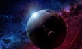 Planet moon in space among the blue and red glow of stars and nebulae, abstract space 3d illustration, 3d image Royalty Free Stock Photo