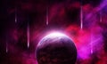 Planet moon in space among the pink bright glow of falling stars and nebulae, abstract space 3d illustration, 3d image Royalty Free Stock Photo