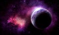 Planet moon in space among the pink bright glow of stars and nebulae, abstract space 3d illustration, 3d image Royalty Free Stock Photo