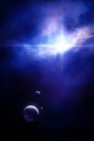 Planet with moons and star in a nebula Royalty Free Stock Photo