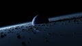 Planet Pandora surrounded asteroid belt, rings wreckage of destroyed planet. Blue protoplanet in black cosmos space of universe. Royalty Free Stock Photo