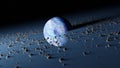 Planet Pandora surrounded asteroid belt, rings wreckage of destroyed planet. Blue protoplanet in black cosmos space of universe. Royalty Free Stock Photo