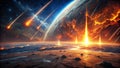 Planet in Peril Witness the Catastrophic Devastation of a Fiery Meteor Shower Impact a Stunning Visual Representation