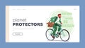 Planet Protectors Landing Page Template. Eco-friendly Man Rides A Bike For Sustainability And Health Vector Illustration