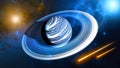 Planet with rings and comets, meteorite asteroids whizzing by. Exoplanets, galaxies and nebulae