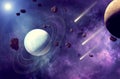 Planet with rings and comets, meteorite asteroids whizzing by. Exoplanets, galaxies and nebulae