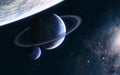 A planet with rings, satellites in deep space against background of star cluster of galaxy. Science fiction Royalty Free Stock Photo