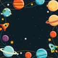 Planet and rocket galaxy in flat design background