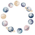 Planet round wreath. Watercolor Space circular Frame on isolated background. Cosmos set for Baby shower greeting cards