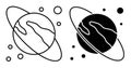 Planet saturn with ring icon. Exploring space and solar system at school. Simple linear black and white vector