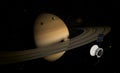 Planet Saturn, rings and other moons. Satellite explore to the planet. 3d illustration Royalty Free Stock Photo