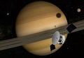 Planet Saturn, rings and other moons. Satellite explore to the planet. 3d illustration Royalty Free Stock Photo