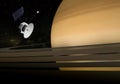 Planet Saturn, rings and other moons. Satellite explore to the planet. 3d illustration Royalty Free Stock Photo