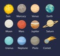 Planet solar system icons flat style. Planets collection with sun, mercury, mars, earth, uranium, neptune, mars, pluto Royalty Free Stock Photo