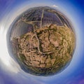 Planet with solar and wind power plant. Eco Friendly, green energy concept. Solar energy town, wind energy. Dirty city Royalty Free Stock Photo