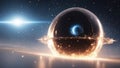 planet in space near black hole, with exploding star, an alien bubble space ship