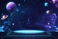 Planet and stars. Cosmic space background with blue podium and planets