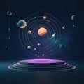 Planet and stars. Cosmic space background with blue podium and planets