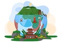 Planet is surrounded by oriental landmarks. Famous places to visit for tourists around the world