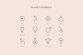 Planet Symbol Icons in Minimal Trendy Liner style. Vector astrological sign: Sun, Moon, Earth, Mercury, Venus, Mars