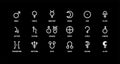 Planet symbol. Vector white sign on black. Mars, venus, mercury and moon. Sun, pluto, jupiter and saturn. Uranus, earth