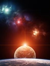 Planet System with colorful nebula on background