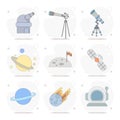 planet, telescope, observatory, shuttle, meteor space vector flat illustration Royalty Free Stock Photo