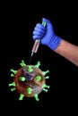 Planet virus, hand with a syringe, the inscription antivirus, pandemic coronovirus covid 19, black background