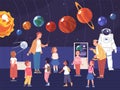 Planetarium excursion. People children visit astronomy museum, teacher and school kids looking solar system or