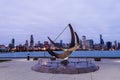 Planetarium sculpture with Chicago skyline panorama