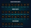 Planetary symbols. Astronomical solar system and minor planets, sun and moon signs. Simple alchemy vector outline icons set Royalty Free Stock Photo