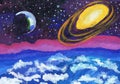 Planets and the atmosphere of the Earth in outer space. Child`s drawing Royalty Free Stock Photo