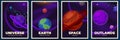Planets banners. Space poster, magazine cover with galaxy or universe. Future exploring, cartoon planet and asteroid