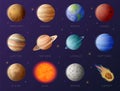 Planets collection. Solar system elements. Galaxy exploration. Astronomy research. Earth with Moon. Mercury Venus and Mars.