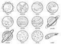Planets for color book. Solar system earth, sun and neptune, jupiter and pluto, venus and mars, saturn and moon, uranus Royalty Free Stock Photo