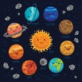 Planets colorful vector set on dark background.