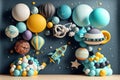 planets cosmos theme backdrop with colorfull ballons, smash cake, custom-made anniversary fantasy Royalty Free Stock Photo