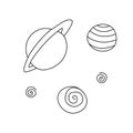 Planets, dark holes, stars, satellites, space objects. Design element, icon on the theme of cosmos, UFO. Doodle vector