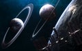 Planets in deep space. Beautiful cosmic landscape. Space station blurred in motion Royalty Free Stock Photo