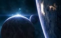 Planets of deep space in blue rays of a star cluster. 3D Render. Science fiction