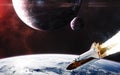 Planets in deep space. Space shuttle in planetary orbit