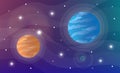 Planets flat vector illustration. Celestial bodies in galaxy, universe backdrop design. Spacewalk. Stars in fantasy Royalty Free Stock Photo