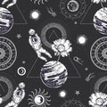 Planets, flower and astronaut. Space illustration. Seamless surreal pattern.