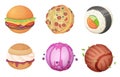 Planets from food. Space set from candy sweets burgher kitchen fantasia fantastic unusual cartoon world with ufo vector Royalty Free Stock Photo