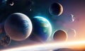 Planets and galaxies in outer space abstract background. Solar system, Universe science astronomy futuristic concept. Cosmos art.